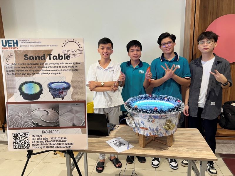 A group of people standing next to a tableDescription automatically generated